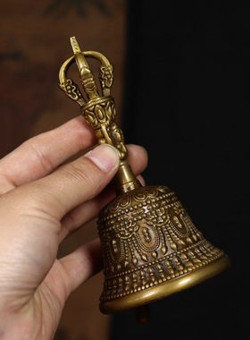 黄铜大号手摇铃铛纯黄铜铃铛金刚铃道家三清铃铛铜手摇铃摆件
