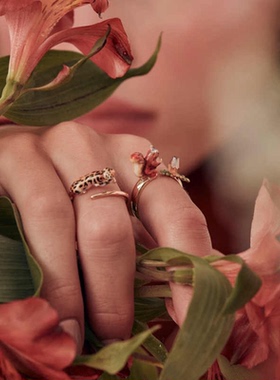 18K镀金高级感手绘童话风珐琅可爱美洲豹子开口戒指女指环可调节