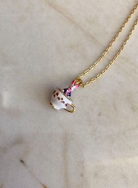 18K镀金手绘珐琅可爱小兔子茶杯吊坠项链时尚卡通趣味短款锁骨链