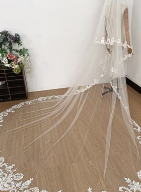 新娘主婚大教堂复古高级感双层蕾丝米色头纱定制绣字拍照写真头饰