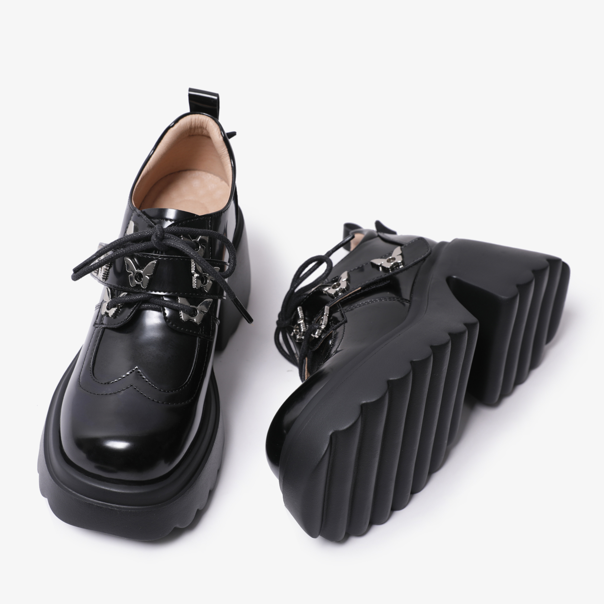 pinjiahui蝴蝶厚底小皮鞋女黑色英伦风增高女鞋小众设计感小单鞋-图1