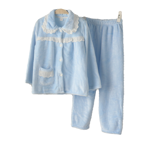 女孩加厚法兰绒珊瑚绒花边开身长袖长裤睡衣家居服套装保暖冬童装 - 图3