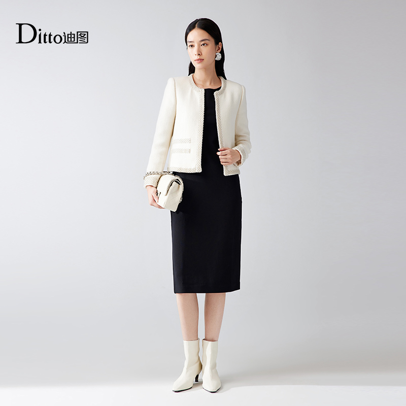 迪图时尚法式小香风外套女2025秋冬新款重工钉珠高级感羊毛短外套 - 图0