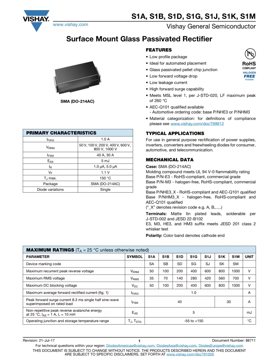 进口S1A/5AT丝印SA 全新原装TVS瞬态抑制汽车车载二极管1A50V - 图1