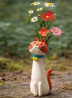 可爱长颈猫树脂花瓶北欧