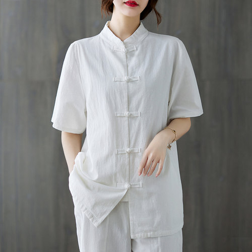 棉麻复古立领中式盘扣上衣秋春款太极服女禅意宽松大码外套茶服潮 - 图0