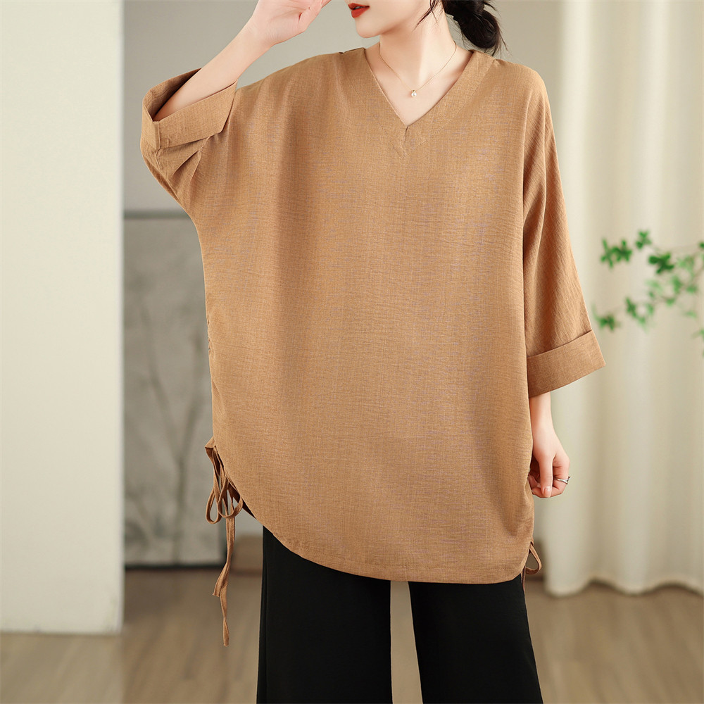春夏新款文艺简约v领显瘦上衣中长款慵懒风抽绳设计宽松T恤女薄款,淘宝优惠券,粉丝福利购,淘宝优惠卷