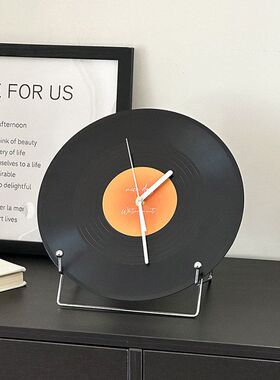 复古黑胶唱片钟日落挂钟客厅办公室书桌桌面摆件酒柜电视墙面装饰