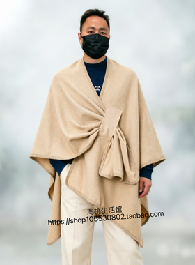 秋冬新款男士披肩保暖斗篷简约双面纯色开叉加长仿羊绒外搭披肩男