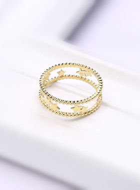 秘密美物馆 星河9K金戒指双层珠边镂空黄金星星光影素金指环