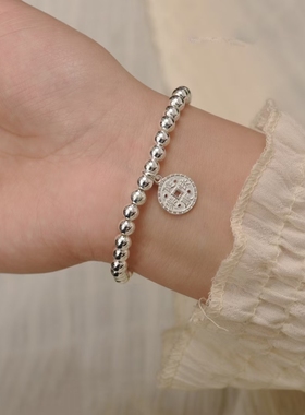 纯银光珠五帝钱吊坠银手串/好运连连/吉祥美好/雪花银熟银食用银