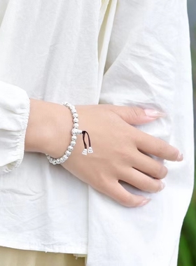 六字真言佛珠纯银男女素银心佛珠手串/好运连连/雪花银傣家熟银