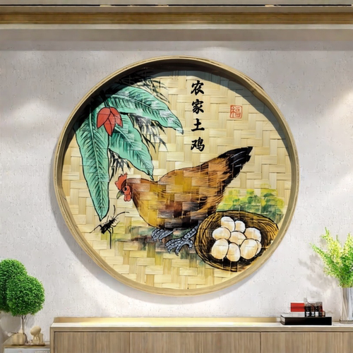 手绘竹编簸箕画复古农家乐墙壁装饰农家院墙面挂件餐馆庭院壁饰画 - 图2