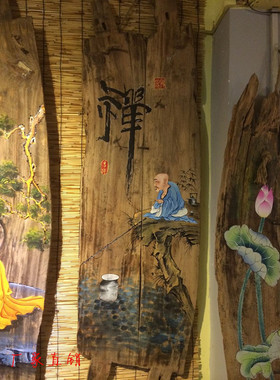 达摩做旧原木中式风壁饰古典挂画