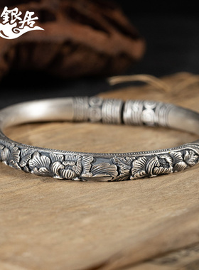 祥银居手工雕刻复古做旧立体圆柱马蹄形满雕牡丹手镯