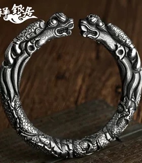 祥银居原创设计风全龙足银手镯