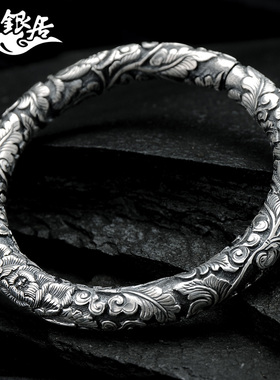 原创女款民族风盛放牡丹纯银手镯