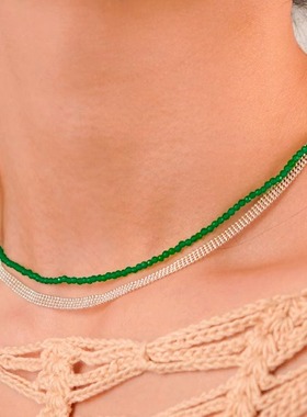 Sasia湖水绿锁骨链祖母绿色水晶气质小众天然水晶超细项链14K注金