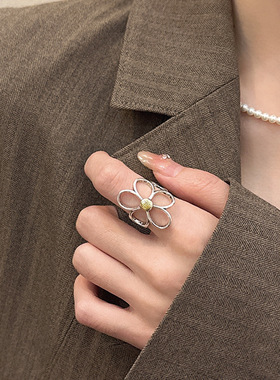 做旧镂空花朵戒指女轻奢夸张个性S925镀银开口指环小众时尚食指戒