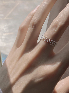 甜美镂空蕾丝花纹戒指女简约时尚精致优雅S925镀银开口指环食指戒