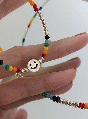 韩版圆珠彩虹糖果笑脸项链女时尚ins小众设计S925镀银锁骨链毛衣