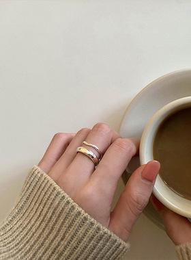 简约双层线条戒指女不规则凹凸纹理S925银开口指环ins百搭食指戒