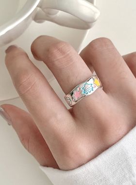 彩虹滴釉可爱小恐龙戒指女童趣百搭叠戴圣诞树星星开口指环食指戒