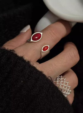 红色椭圆戒指女精致优雅个性S925镀银开口指环网格设计感食指戒潮