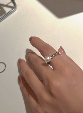 精致仿珍珠方形戒指女个性时尚设计感S925镀银开口指环ins风食指