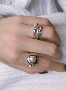 甜酷爱心珍珠戒指女百搭时尚叠戴个性S925镀银开口指环网红食指戒