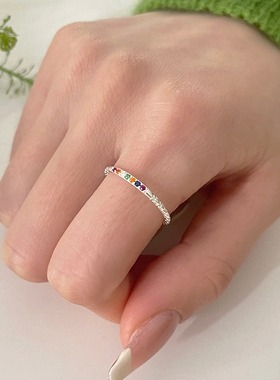 彩虹叠戴戒指女简约气质百搭开口指环几何细圈学生清新食指戒