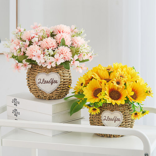 向日葵假花仿真花摆设客厅餐桌花艺摆件家居装饰塑料花束绢花盆栽 - 图2