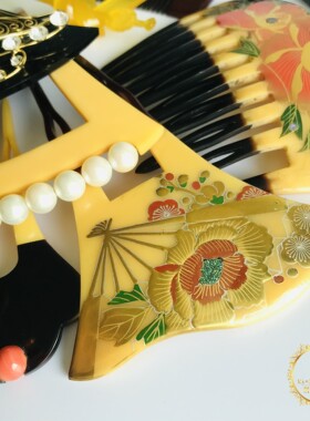 日本和服中古鳖甲手工编织发簪发饰金银手绘花卉亚克力发钗F5