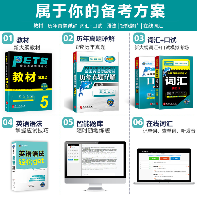 未来教育备考2024年公共英语五级考试用书 pets-5全国英语等级教材+历年真题试卷+词汇+语法+口试可搭口语听力pest5书本详解5级-图1