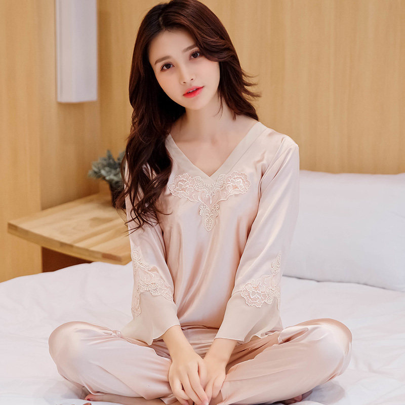 韩版长袖夏季冰丝真丝套装性感睡衣 天店睡衣睡衣/家居服套装