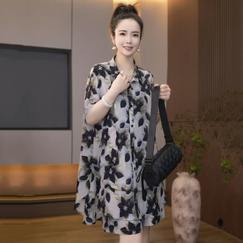 672【夜阑花语】夏季新款衬衫套装女短袖韩版宽松显瘦休闲套装 - 图1