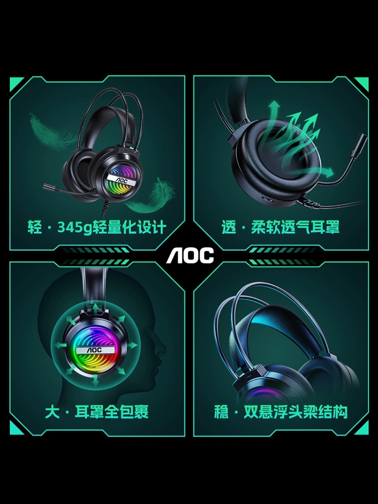 AOC GH120电脑耳机有线游戏专用耳麦电竞吃鸡头戴式环绕音效 - 图3