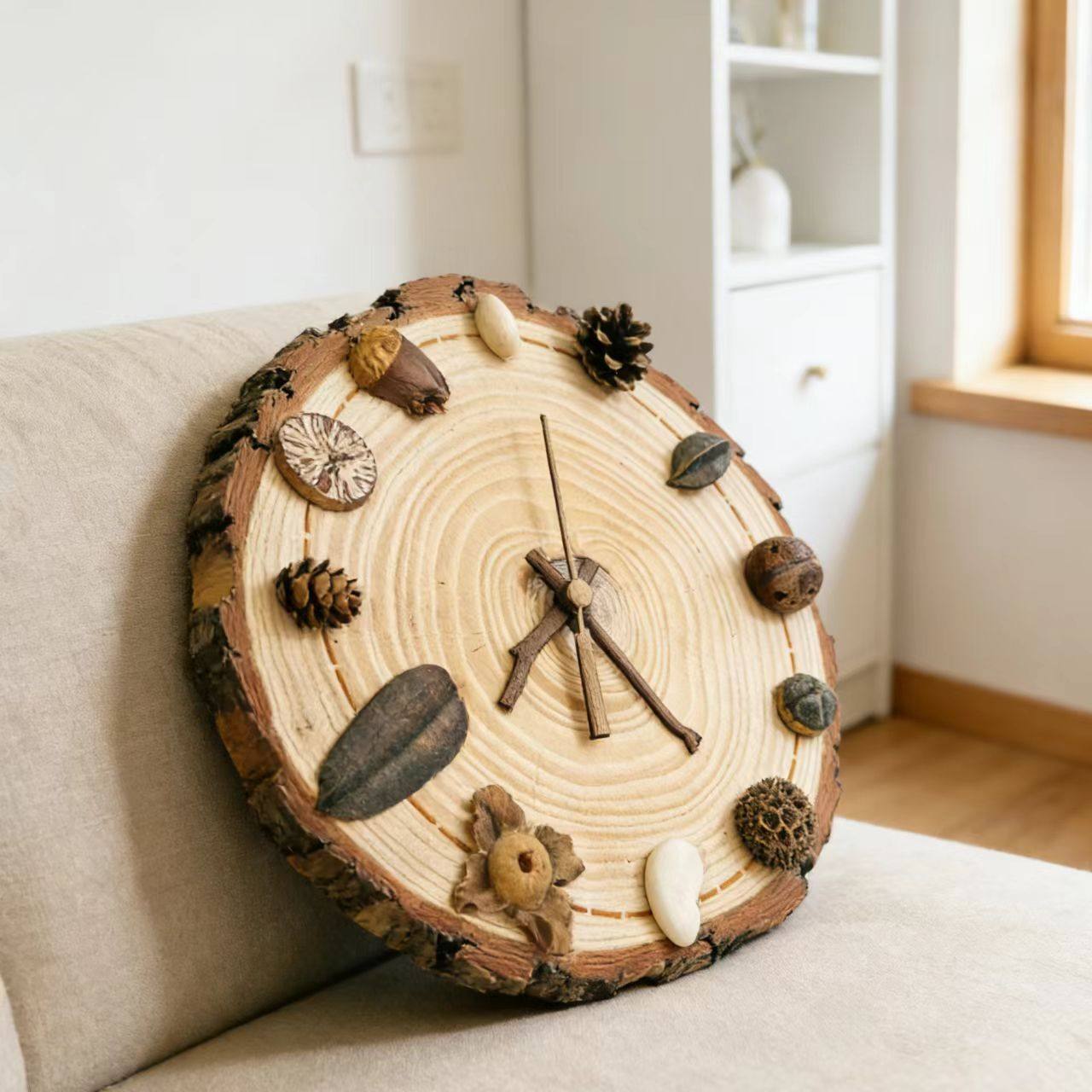 植物时钟手工DIY材料包创意圆木片胡桃木指针种子果实装饰品木钟,淘宝优惠券,粉丝福利购,淘宝优惠卷