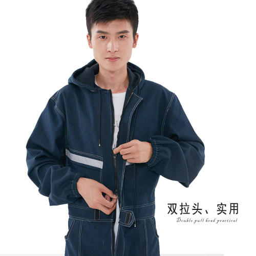 牛仔反光条连体工作服套装男电焊工喷漆汽机修防尘工装长袖劳保服 - 图3
