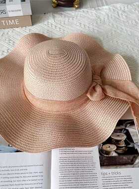 夏季女出游防晒大沿沙滩帽波浪飘带百搭简约遮阳帽diy波浪大草帽