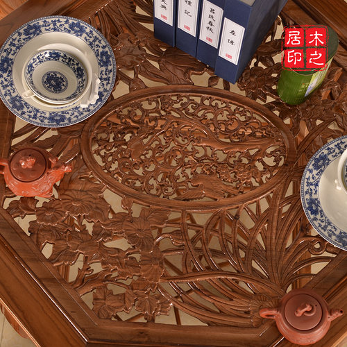 八角桌五件套餐桌椅子茶桌5件实木八角桌镂空雕刻桌子配三角椅凳 - 图0