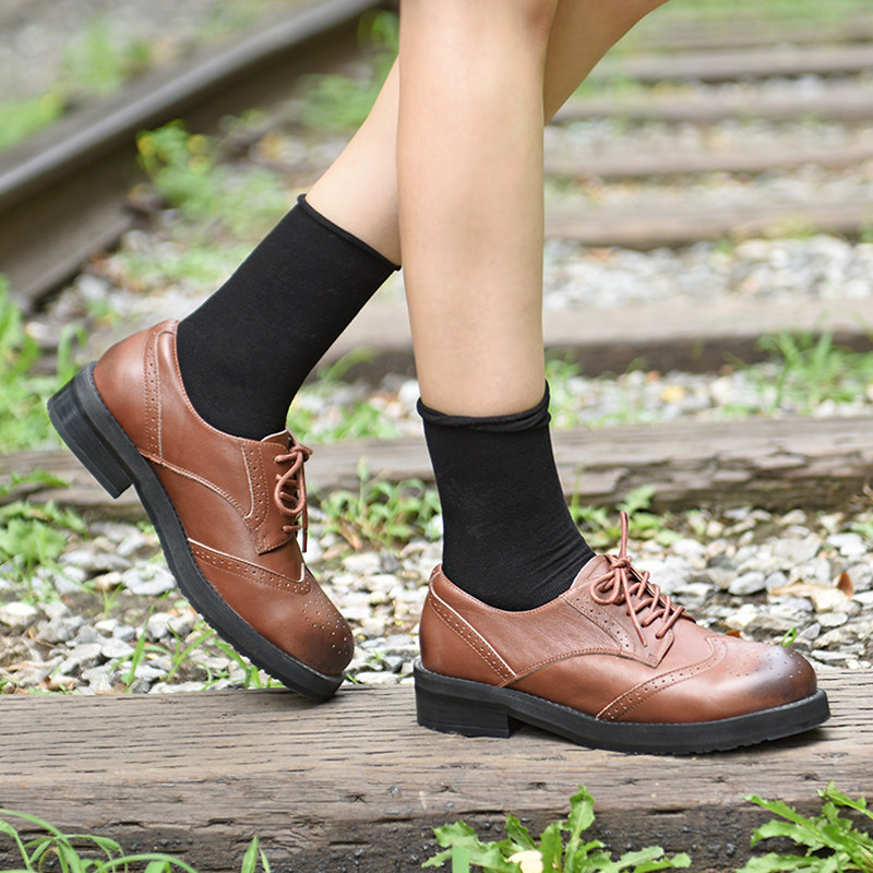 潘暇新款单鞋女厚底深口系带复古风小皮鞋 粗跟真皮大码女鞋41-43,淘宝优惠券,粉丝福利购,淘宝优惠卷