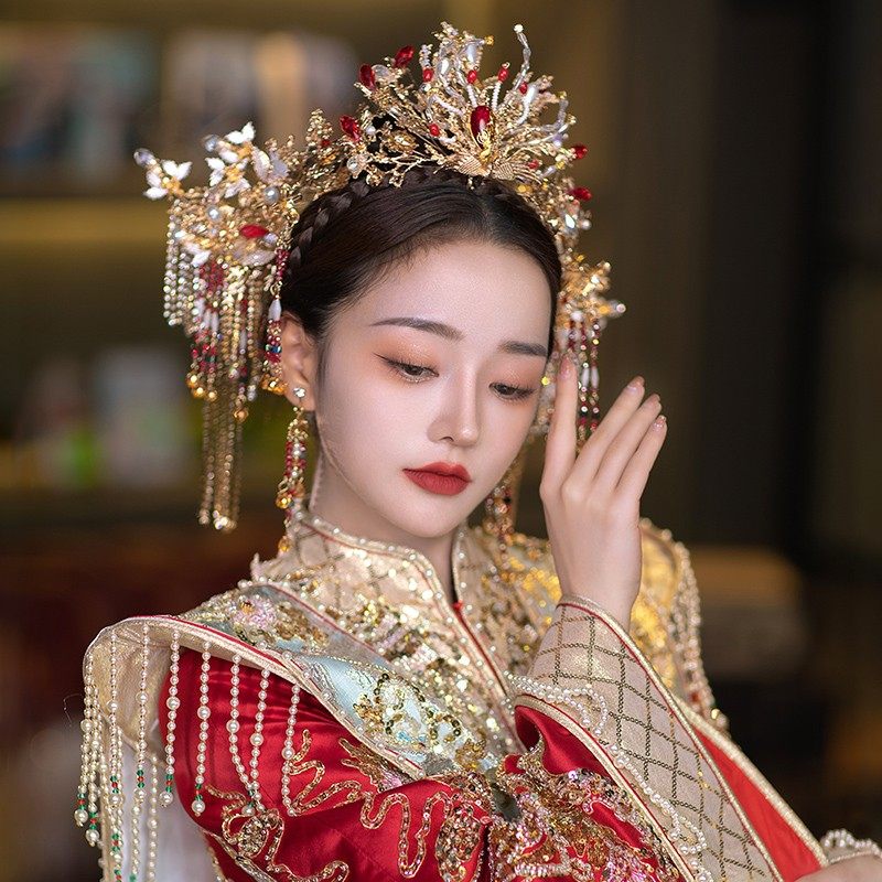 头饰新娘凤冠中式新款大气发饰发冠结婚秀禾秀禾服头冠金色秀和女_虎窝淘