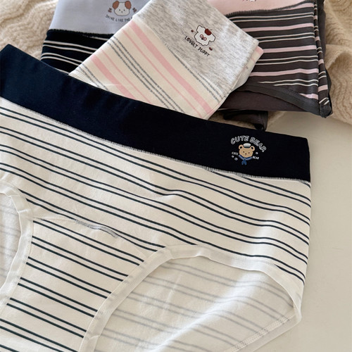 条纹小熊~撞色秋冬简约新品纯棉裆三角内裤女士2025弹力裆部加长 - 图0