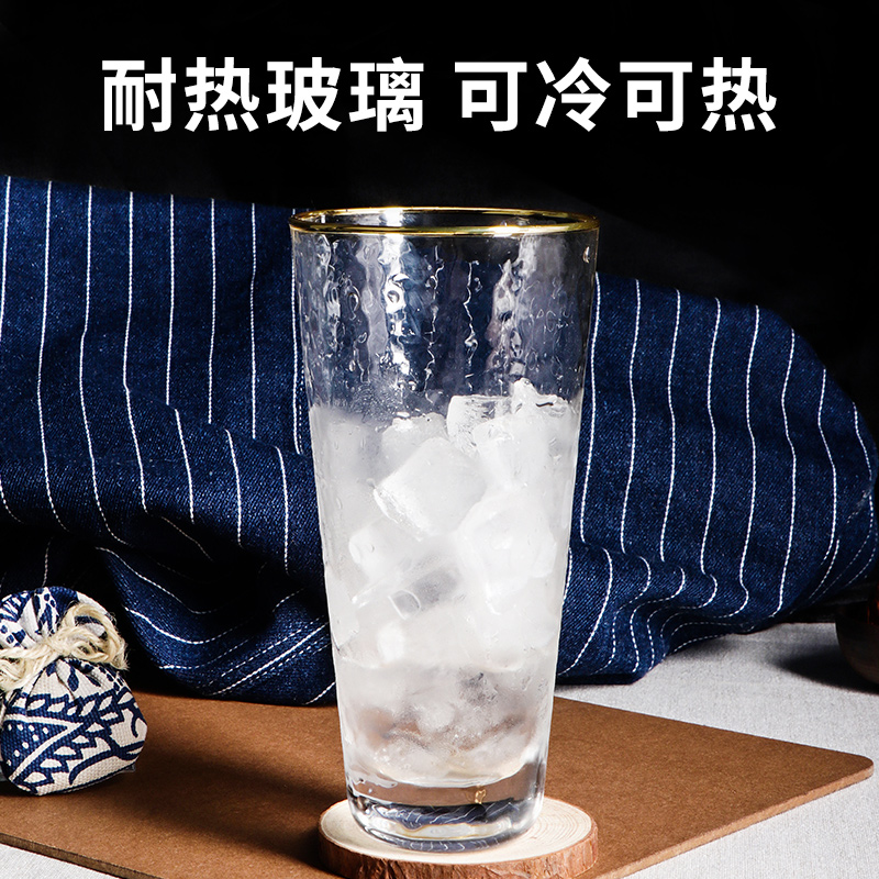 锤纹玻璃杯日式金边水杯家用简约创意杯子ins风果汁饮料茶杯 - 图0