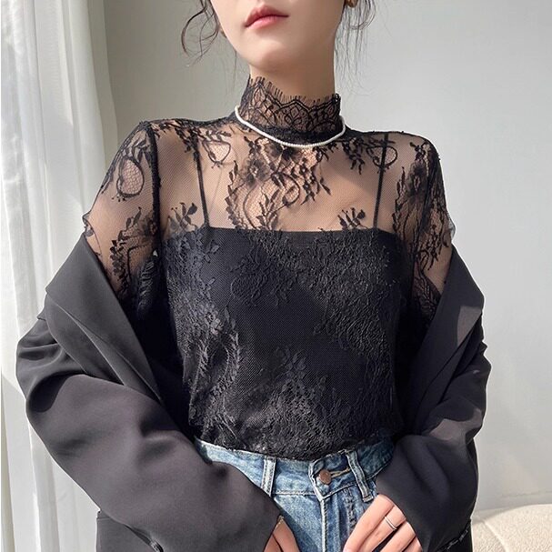 ເສື້ອຢືດ lace bottoming ໂປ່ງໃສສໍາລັບແມ່ຍິງເຄິ່ງຫນຶ່ງ turtleneck gauze eyelash