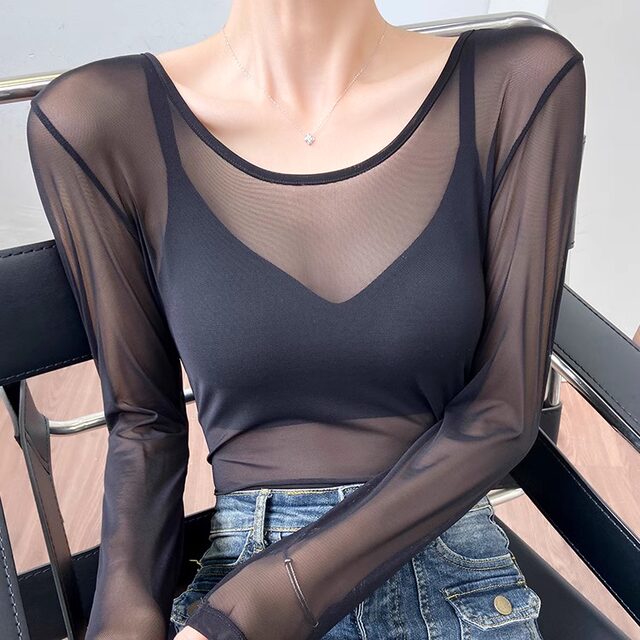 超薄防晒网纱打底衫女透明纱衣
