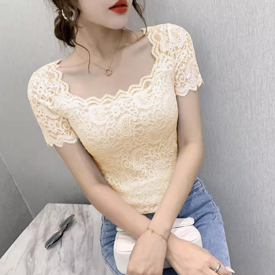 Hollow lace square neck sexy top