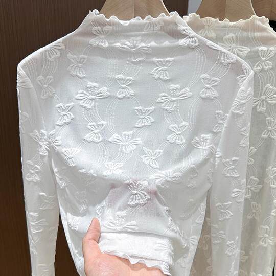 Fungus edge lace bottoming shirt half turtleneck mesh top