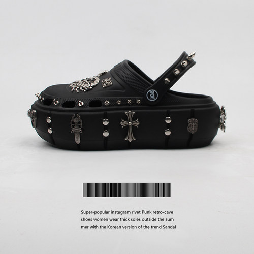 铆钉洞洞鞋女夏季2024新款厚底坡跟外穿朋克复古潮流超火ins凉鞋 - 图3